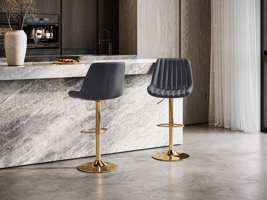 Gold adjustable bar stools set of 2 with black cushioned seats, sleek gold metal frames, footrests, and height adjustment feature, perfect for modern kitchens and home bars.