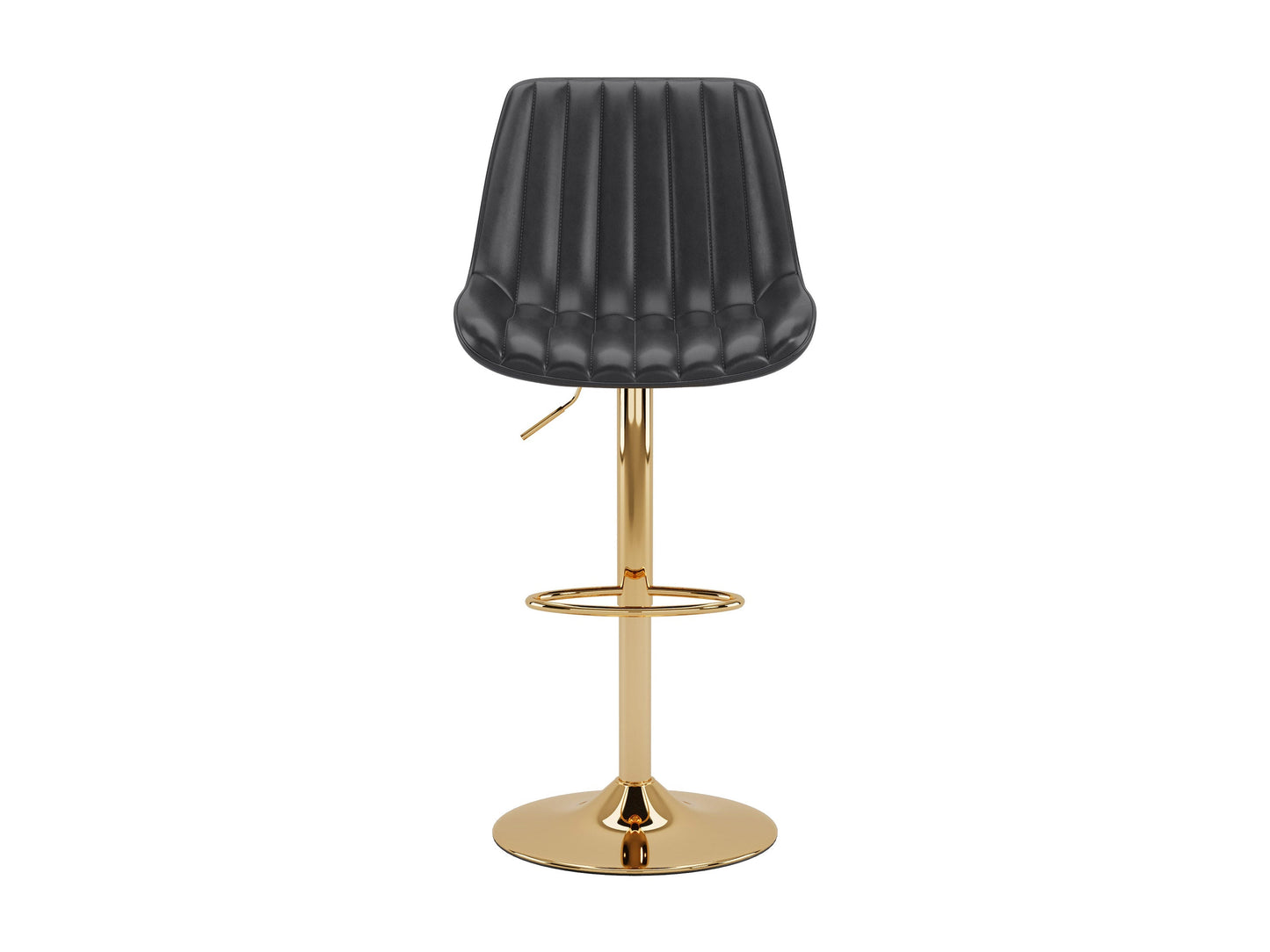 Gold adjustable bar stools set of 2 with black cushioned seats, sleek gold metal frames, footrests, and height adjustment feature, perfect for modern kitchens and home bars.