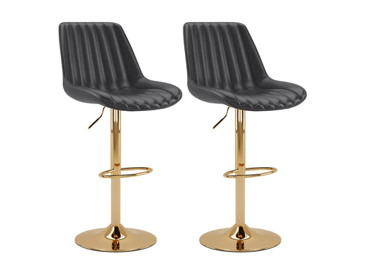 Gold adjustable bar stools set of 2 with black cushioned seats, sleek gold metal frames, footrests, and height adjustment feature, perfect for modern kitchens and home bars.