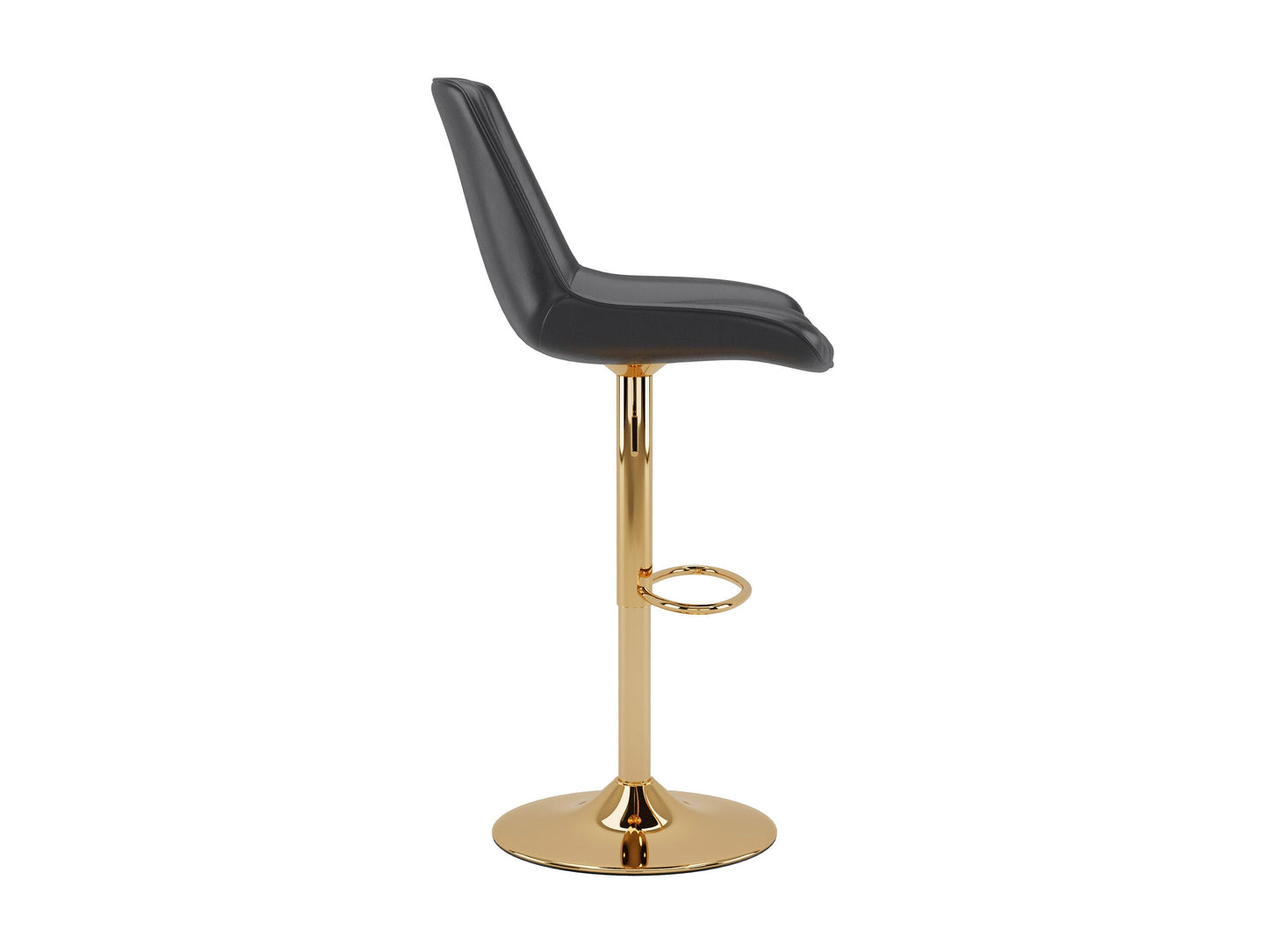 Gold adjustable bar stools set of 2 with black cushioned seats, sleek gold metal frames, footrests, and height adjustment feature, perfect for modern kitchens and home bars.