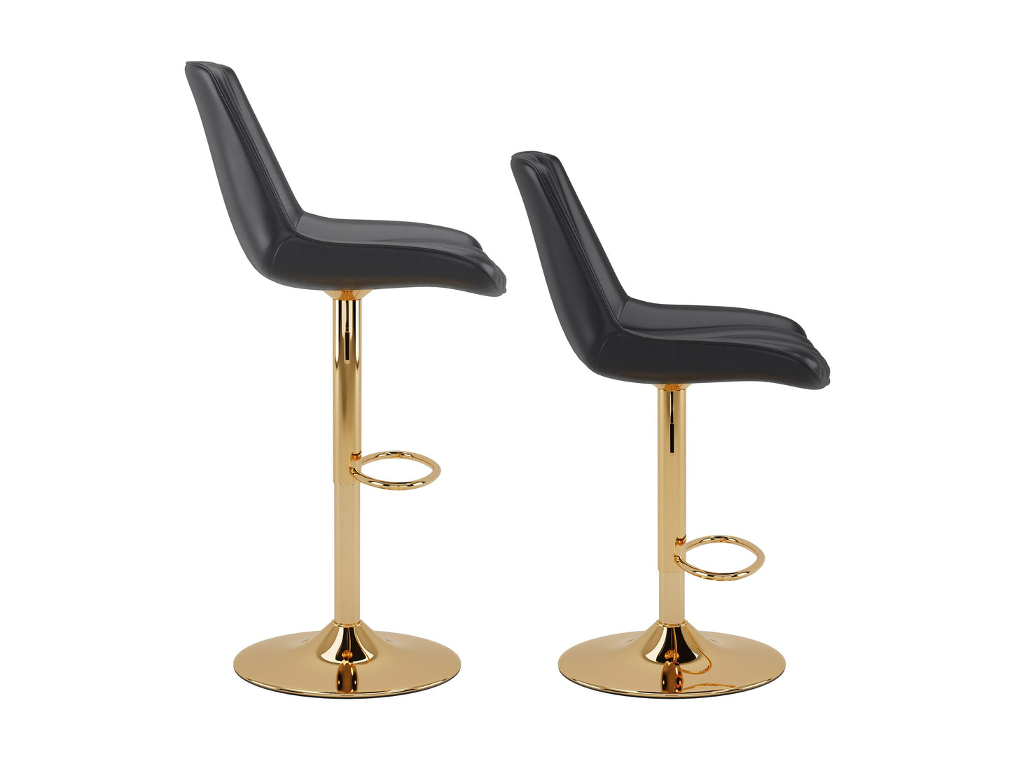 Gold adjustable bar stools set of 2 with black cushioned seats, sleek gold metal frames, footrests, and height adjustment feature, perfect for modern kitchens and home bars.