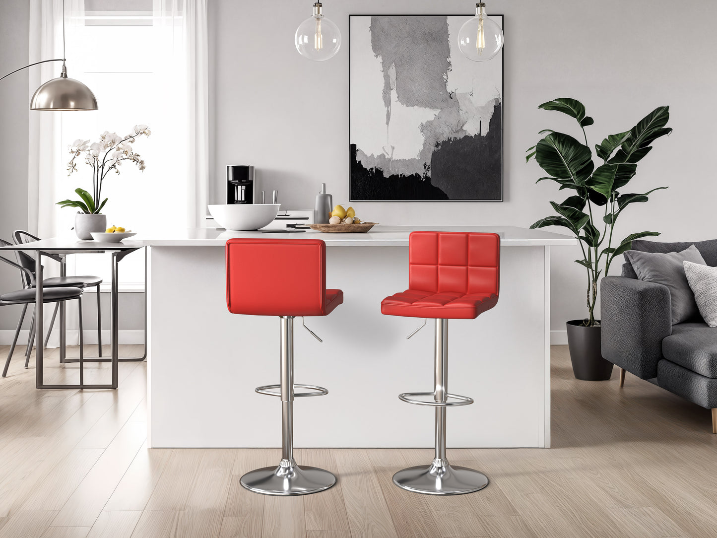 Tufted Red Vegan Leather Adjustable Stools