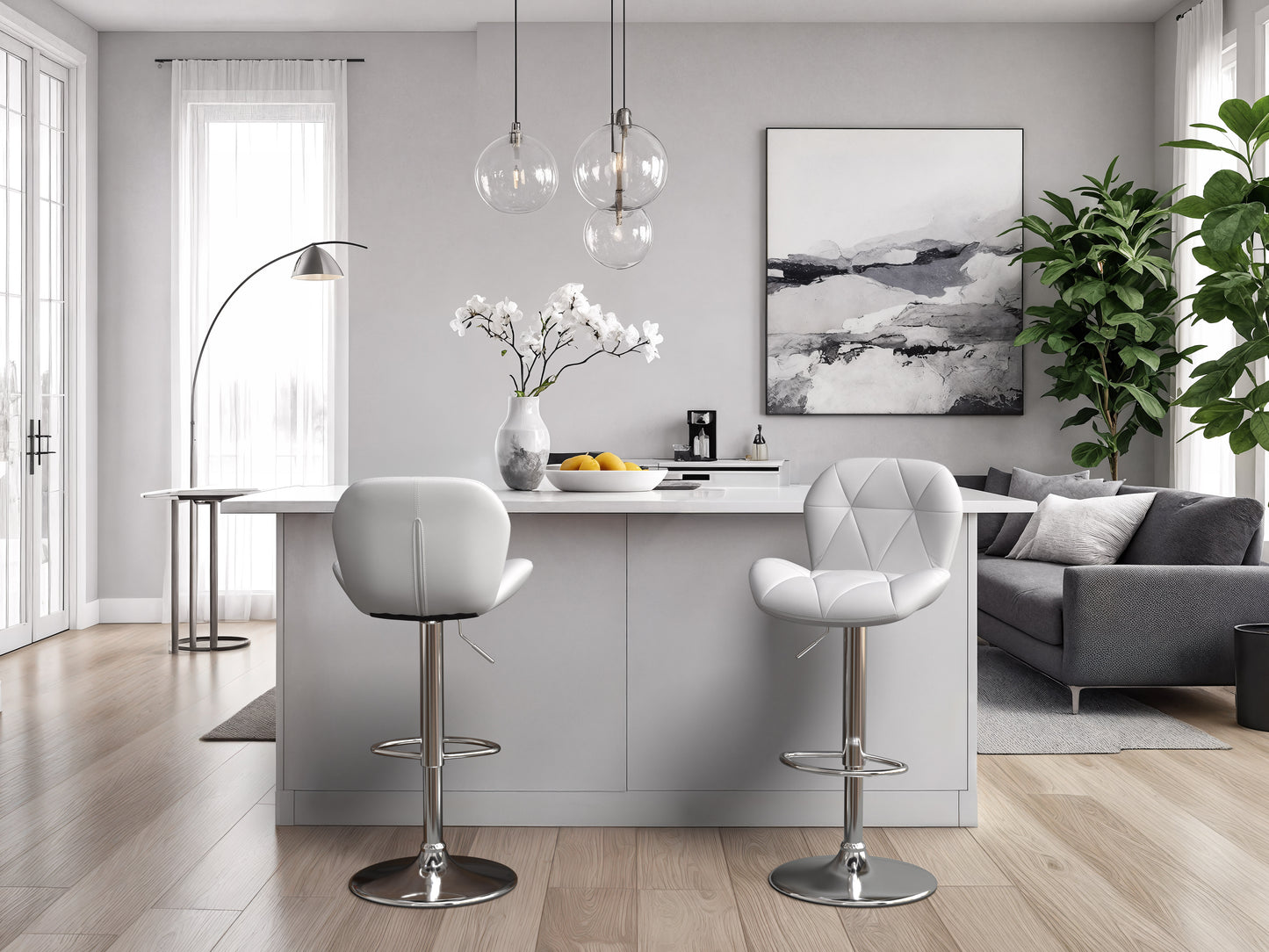 Geo-Tufted White Vegan Leather Stools