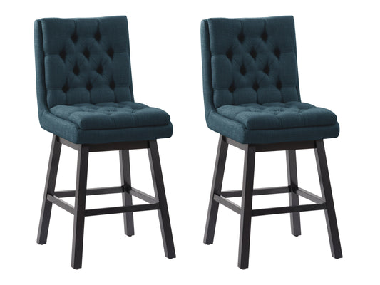 Blue button-tufted bar stools with wooden legs, upholstered in plush velvet fabric. Features a high backrest, comfortable cushioning, and a sleek, modern design perfect for kitchen islands or home bars.