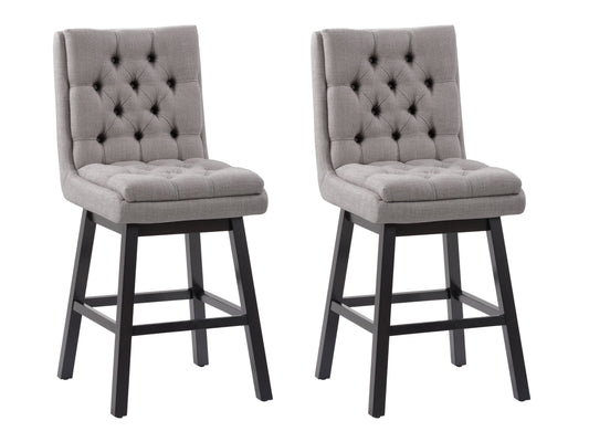 Light grey button tufted bar stool with wooden legs, featuring plush upholstery, elegant button detailing, and a comfortable footrest. Ideal for modern kitchens and home bars.
