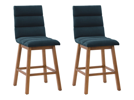 Blue channel tufted bar stools with black metal legs, featuring plush velvet upholstery and a modern design. Perfect for kitchen islands or home bars, combining comfort and style.