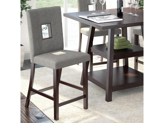 Mid-century modern counter height dining chairs, set of 2, featuring walnut wood frames, grey upholstered seats, and sleek tapered legs, perfect for contemporary dining spaces.