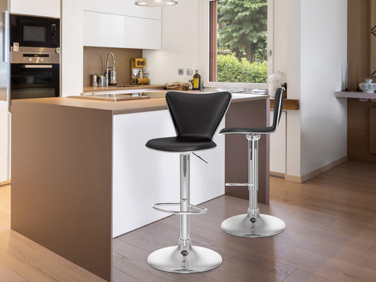 Black swivel bar stools set of 2, featuring cushioned seats, sleek metal legs, and footrests, perfect for modern kitchens or home bars. Durable faux leather upholstery with a contemporary design.