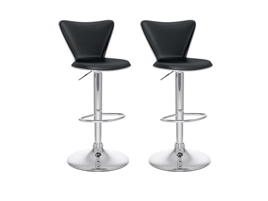 Black swivel bar stools set of 2, featuring cushioned seats, sleek metal legs, and footrests, perfect for modern kitchens or home bars. Durable faux leather upholstery with a contemporary design.