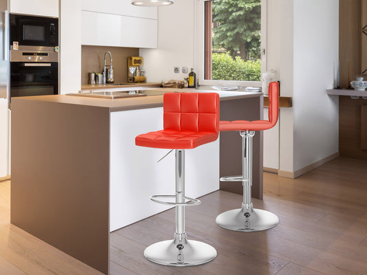 Set of 2 red swivel bar stools with cushioned seats, chrome-plated footrests, and adjustable height. Features a sleek, modern design with faux leather upholstery and a sturdy metal base, perfect for kitchen counters or home bars.