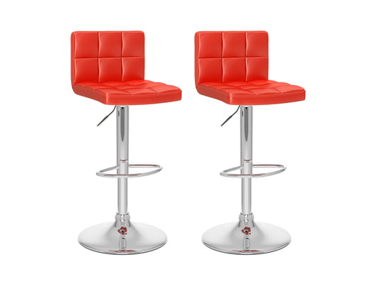 Set of 2 red swivel bar stools with cushioned seats, chrome-plated footrests, and adjustable height. Features a sleek, modern design with faux leather upholstery and a sturdy metal base, perfect for kitchen counters or home bars.