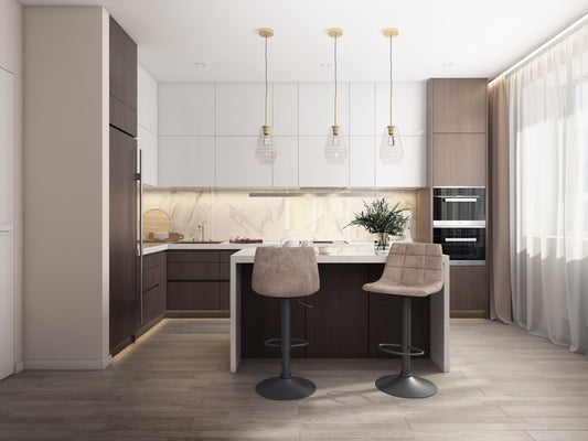 Light grey swivel bar stools, set of 2, featuring cushioned seats, sleek metal frames, and footrests; perfect for modern kitchen islands or home bars.