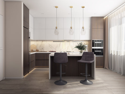 Dark grey swivel bar stools set of 2 with cushioned seats, metal legs, and footrests. Modern design, perfect for kitchen islands or home bars. Durable fabric and sturdy construction for comfort and style.