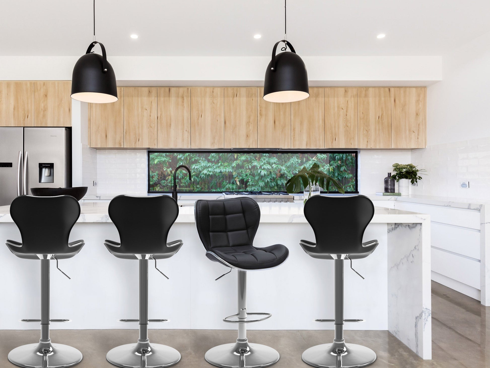 Black bar stools with backs, set of 2, featuring sleek metal frames, cushioned seats, and footrests. Perfect for modern kitchens or home bars.