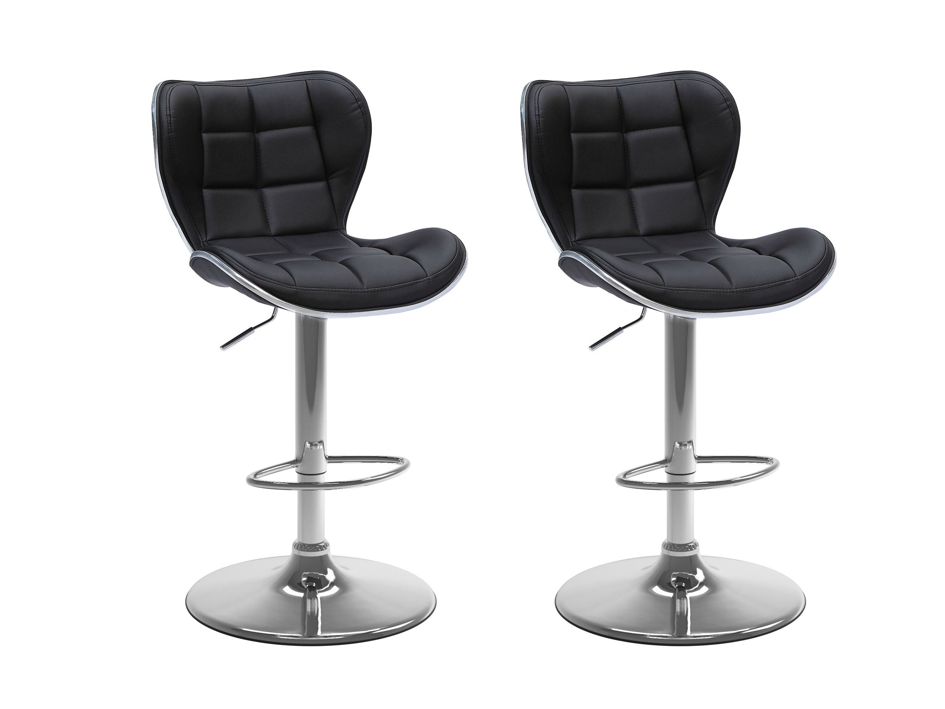 Black bar stools with backs, set of 2, featuring sleek metal frames, cushioned seats, and footrests. Perfect for modern kitchens or home bars.