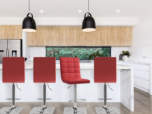 Red high back bar stools set of 2 with cushioned seats, sleek chrome legs, and footrests; perfect for modern kitchens or home bars.