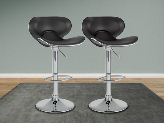 Black bar stools with backs, set of 2, featuring sleek metal frames, cushioned seats, and footrests. Perfect for modern kitchens or home bars.