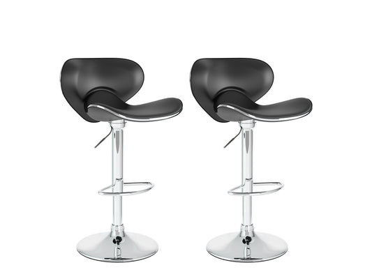 Black bar stools with backs, set of 2, featuring sleek metal frames, cushioned seats, and footrests. Perfect for modern kitchens or home bars.