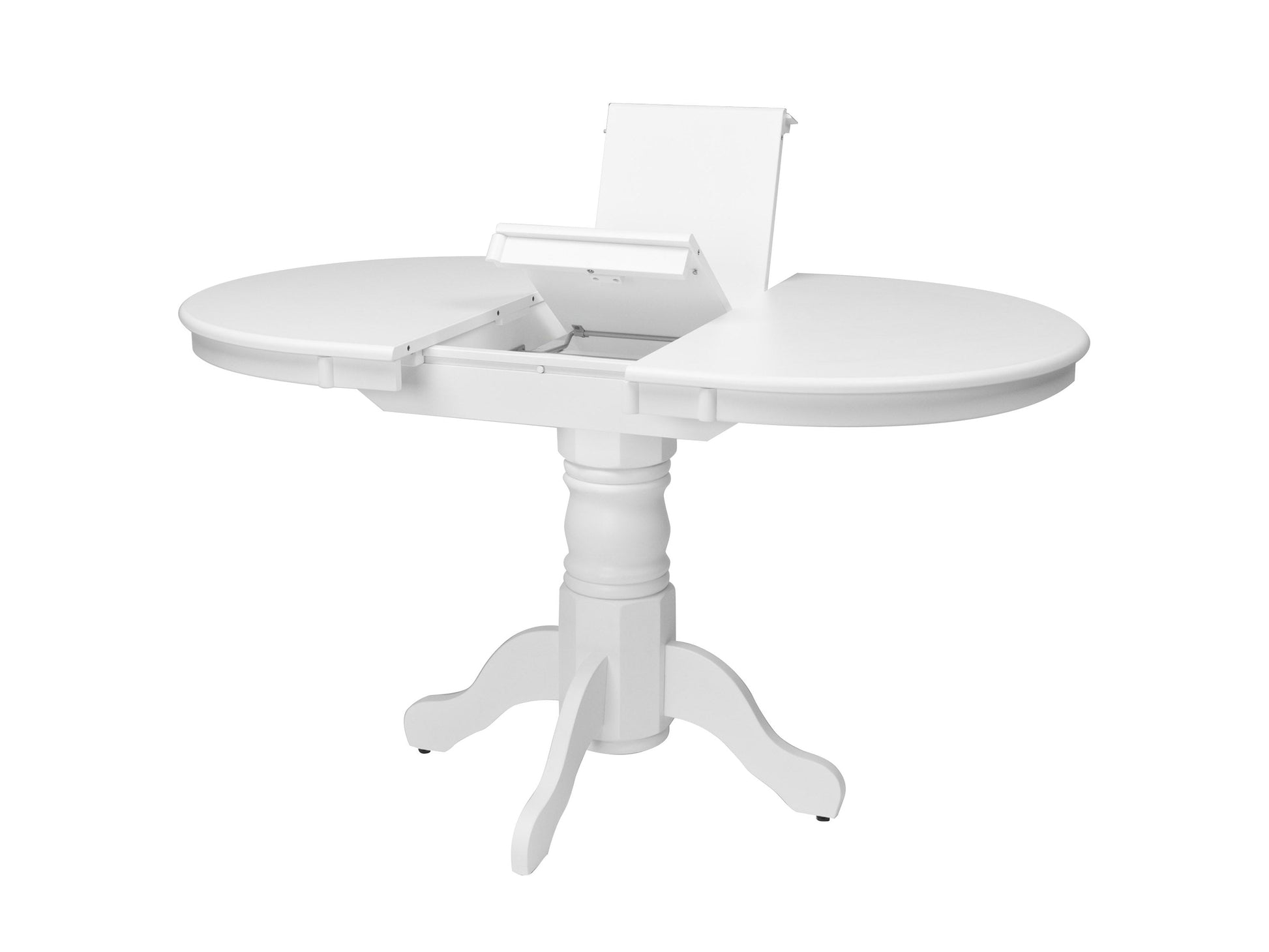 White extendable oval dining table with sleek, modern design, featuring a smooth white finish, sturdy wooden legs, and an easy-to-use extension mechanism for versatile dining space.