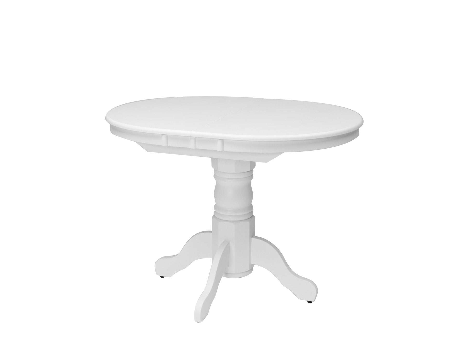 White extendable oval dining table with sleek, modern design, featuring a smooth white finish, sturdy wooden legs, and an easy-to-use extension mechanism for versatile dining space.
