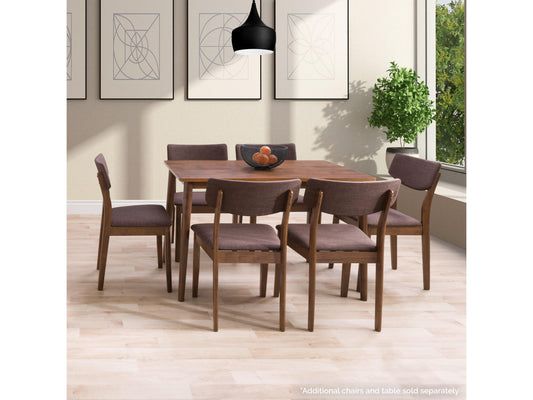 Set of two walnut dining chairs with cushioned beige seats, sleek wooden frames, and mid-century modern design, perfect for contemporary dining rooms or kitchens.