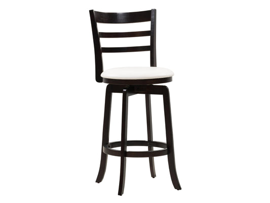 Bar height wood bar stool with natural oak finish, featuring a curved backrest, sturdy legs, and a comfortable cushioned seat in beige fabric. Ideal for kitchen islands, home bars, and contemporary dining spaces.