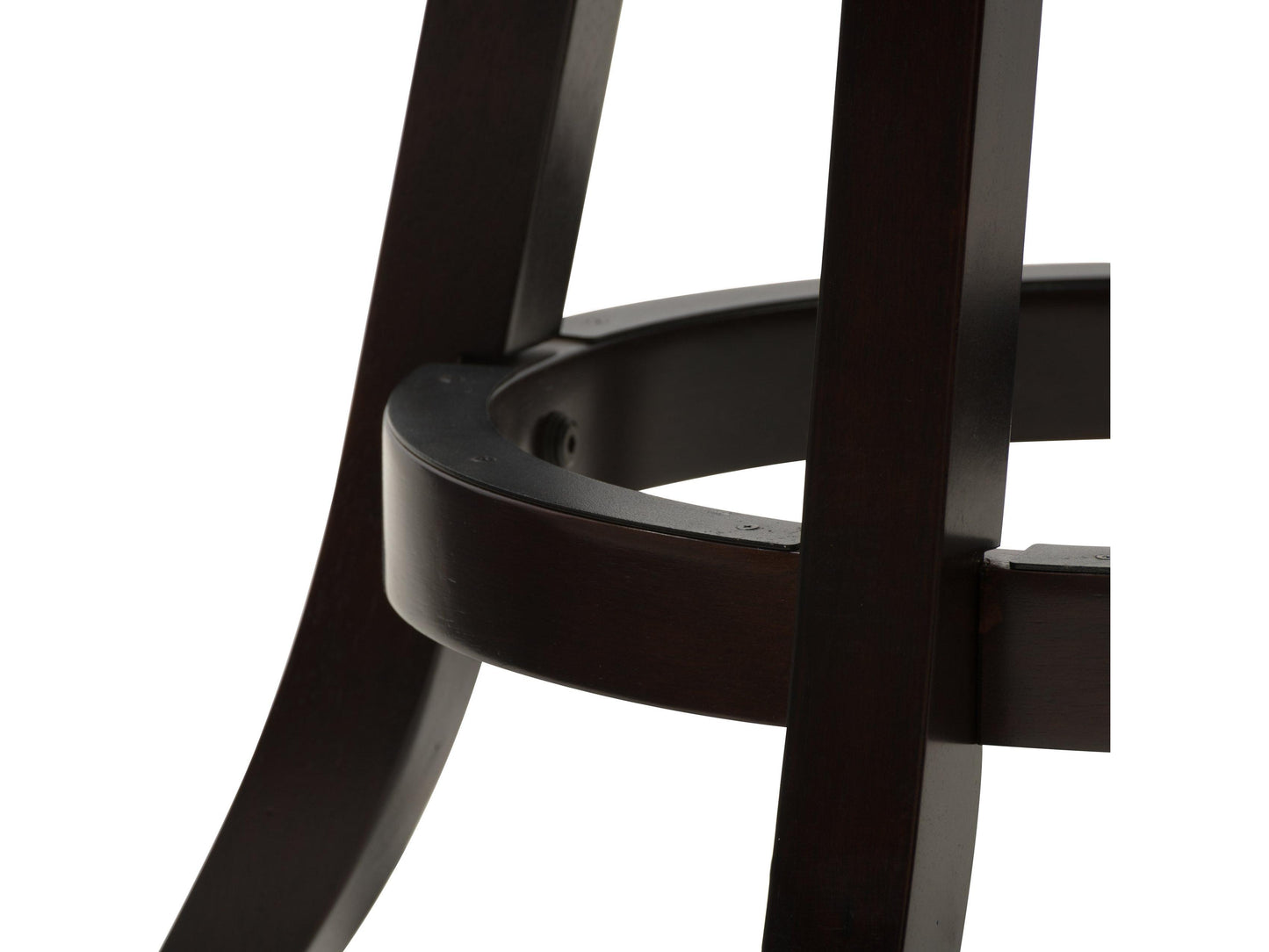 Counter height bar stool set with dark wood frame, black cushioned seat, and backrest featuring vertical slat design. Ideal for kitchen islands and home bars. Durable, stylish seating solution.