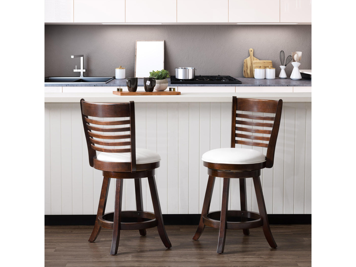 Counter height bar stools set of 2 with black metal frame, dark walnut wooden seat, and backrest, featuring a sleek, minimalist design perfect for modern kitchens or home bars.