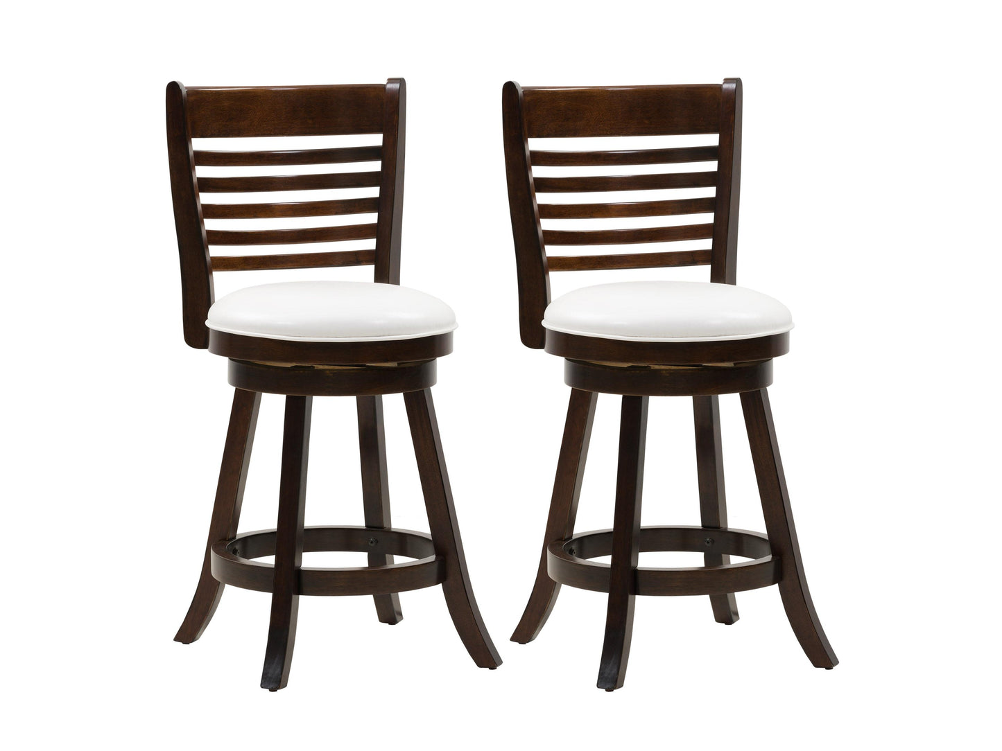 Set of 2 counter height bar stools with dark wood seats, black metal frames, and footrests; modern industrial design perfect for kitchen islands or home bars.