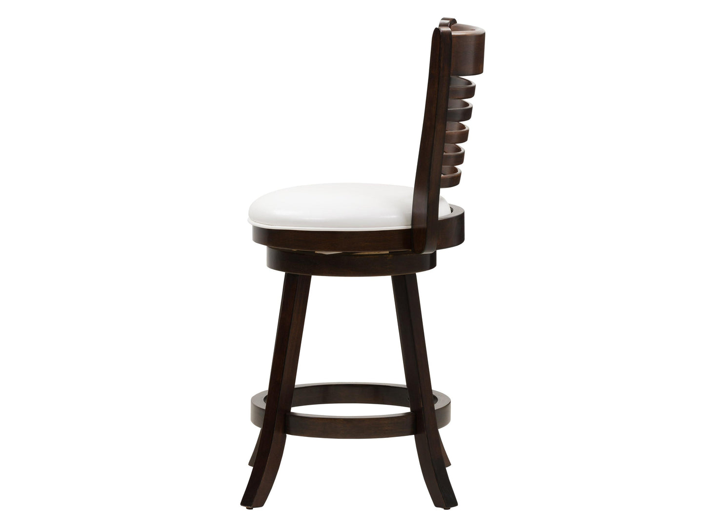Set of two counter height bar stools with black metal frames, dark walnut wood seats, and backrests featuring sleek, modern design and sturdy construction. Ideal for kitchen islands or home bars.