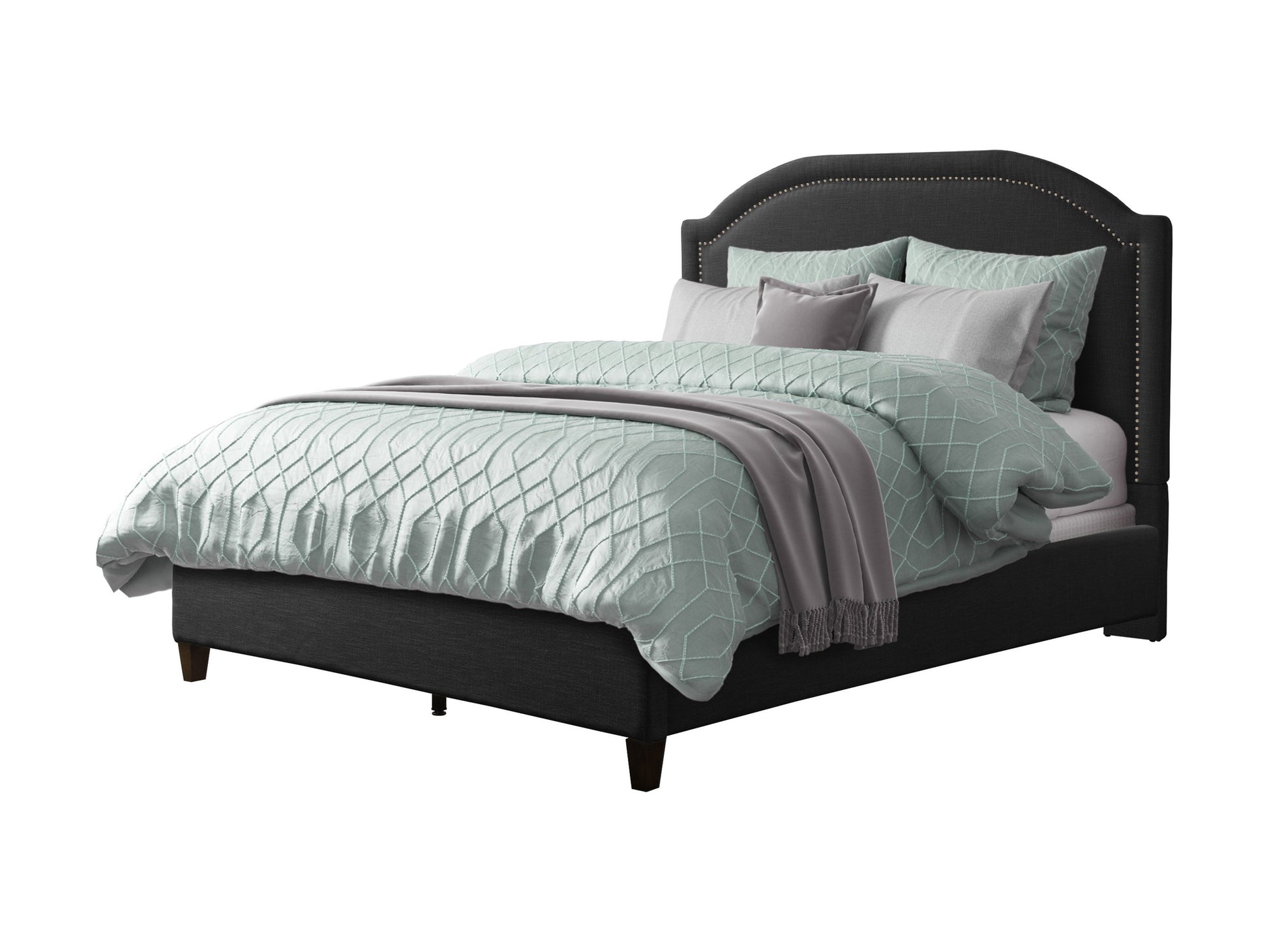 Dark grey upholstered king bed with tufted headboard, sturdy wooden frame, and plush fabric finish. Ideal for modern bedrooms, combining comfort and style with a sleek, contemporary design.