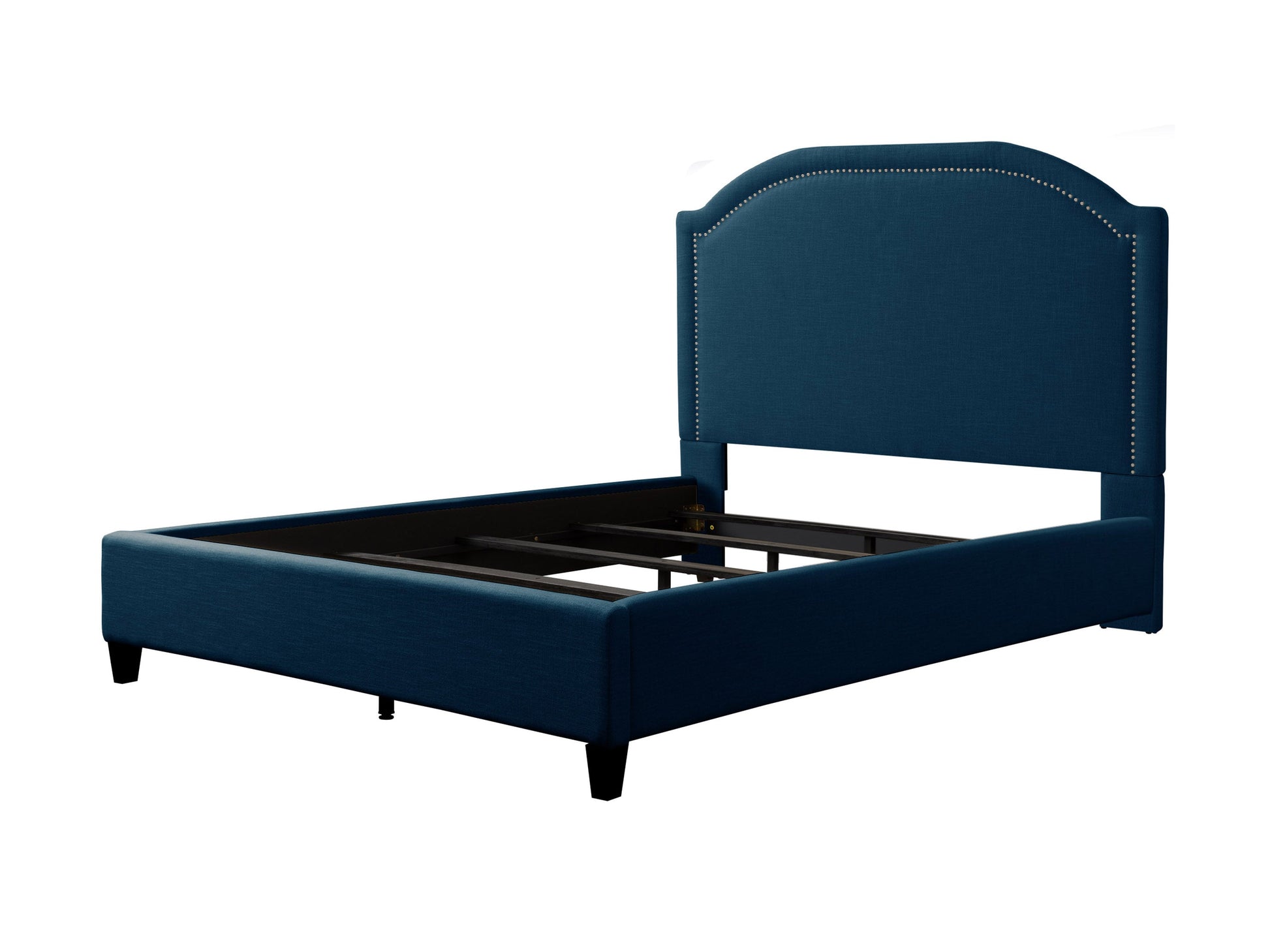 Navy blue upholstered king bed with tufted headboard, wooden legs, and soft velvet fabric, perfect for modern bedrooms.