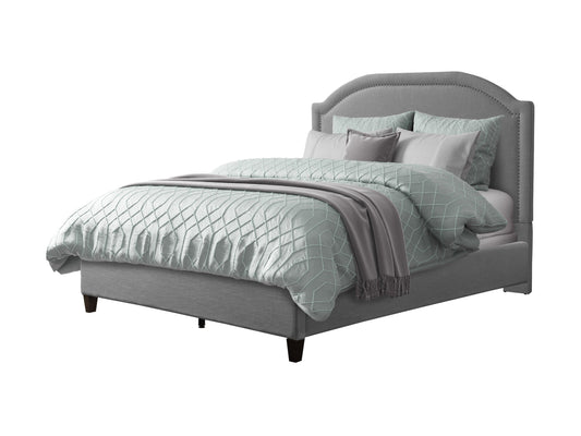Grey upholstered double/full bed with tufted headboard, soft fabric, and sturdy wooden legs. Perfect for modern bedroom decor and comfortable sleep. Ideal for those seeking a stylish and cozy sleeping solution.