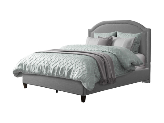 Grey upholstered king bed with tufted headboard, wooden legs, and soft fabric finish. Ideal for modern bedrooms, offering comfort and style.