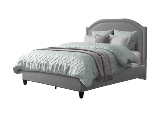 Grey upholstered queen bed with tufted headboard, soft fabric finish, and sturdy wooden legs. Ideal for modern bedrooms seeking comfort and style.