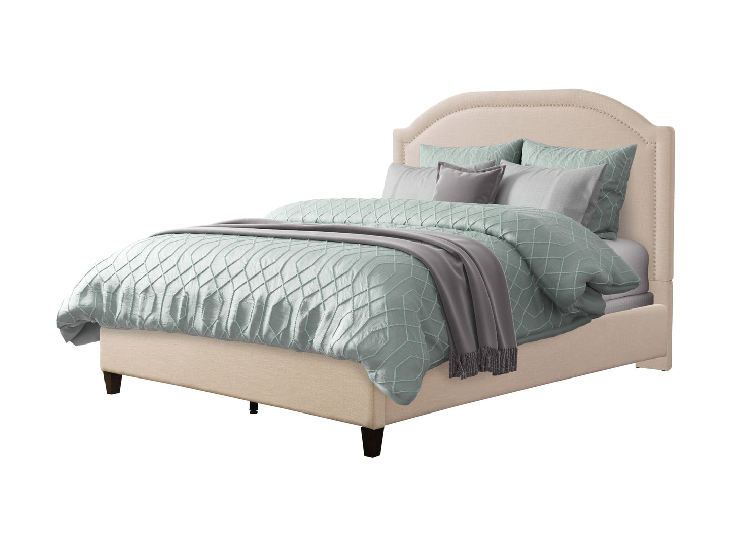 Cream upholstered king bed with tufted headboard, soft fabric, wooden legs, and a sturdy frame. Ideal for modern and classic bedrooms.