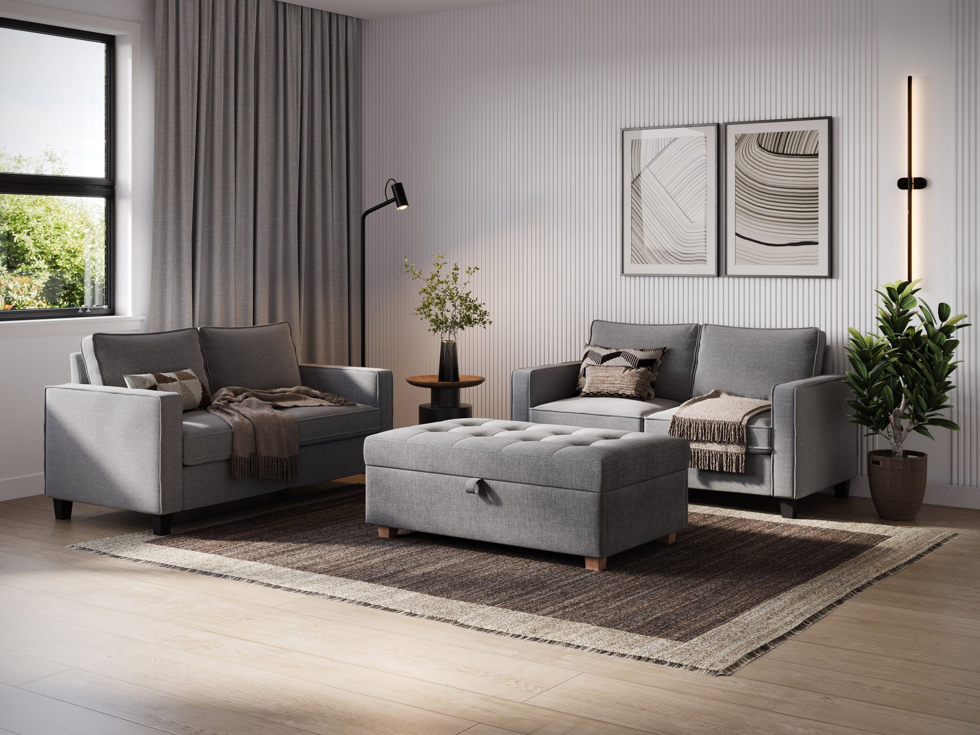 Light grey large storage ottoman with tufted top, soft fabric upholstery, and wooden legs. Ideal for living rooms or bedrooms, providing extra seating and hidden storage space.