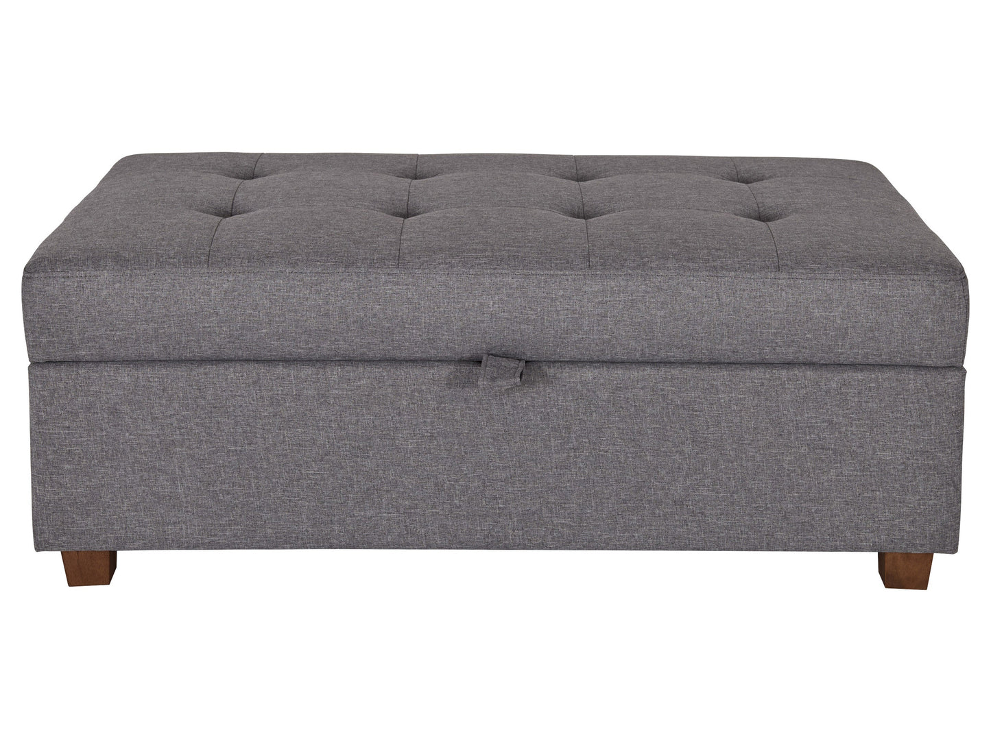 Light grey large storage ottoman with tufted top, soft fabric upholstery, and wooden legs. Ideal for living rooms or bedrooms, providing extra seating and hidden storage space.