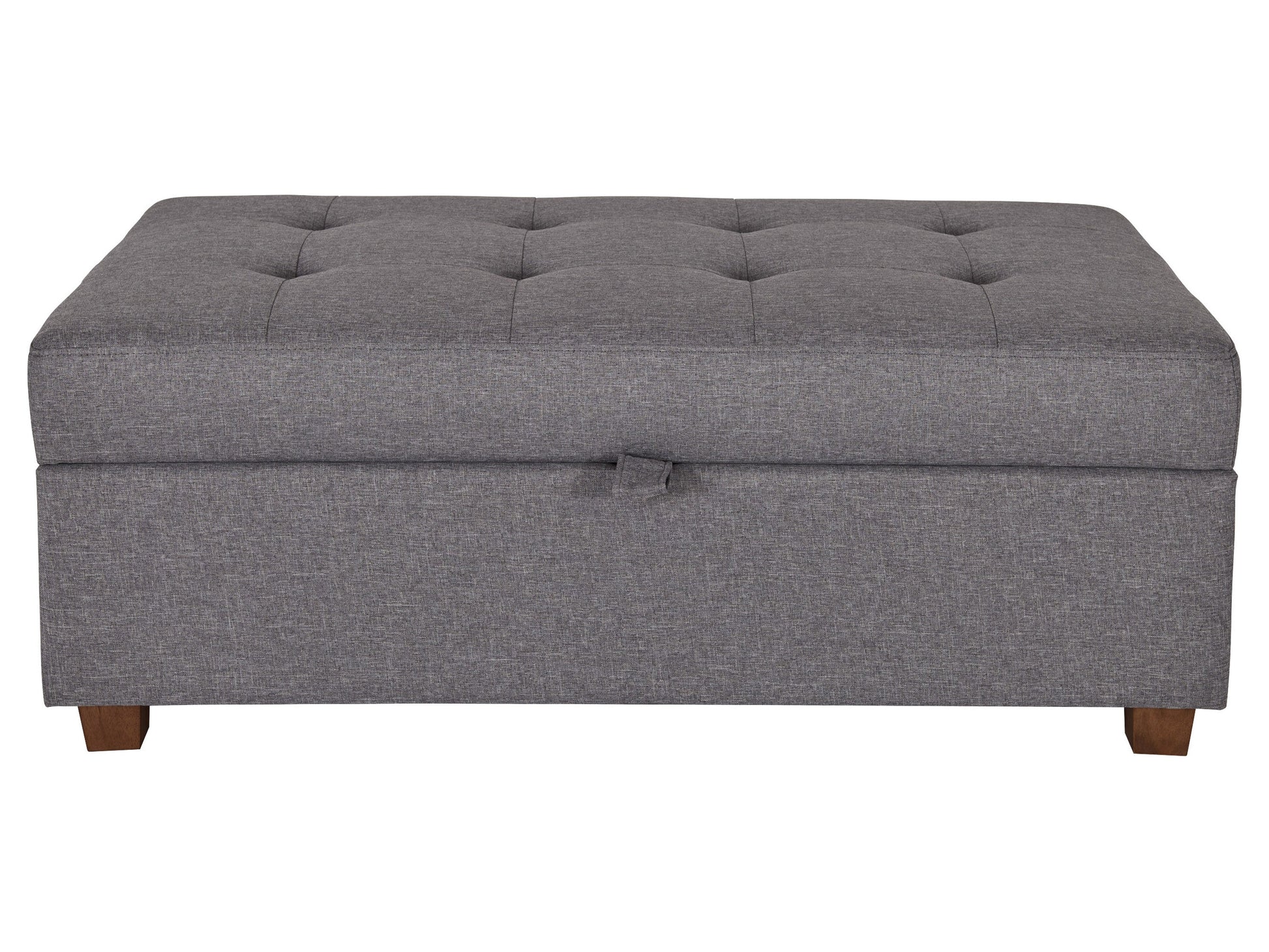 Light grey large storage ottoman with tufted top, soft fabric upholstery, and wooden legs. Ideal for living rooms or bedrooms, providing extra seating and hidden storage space.