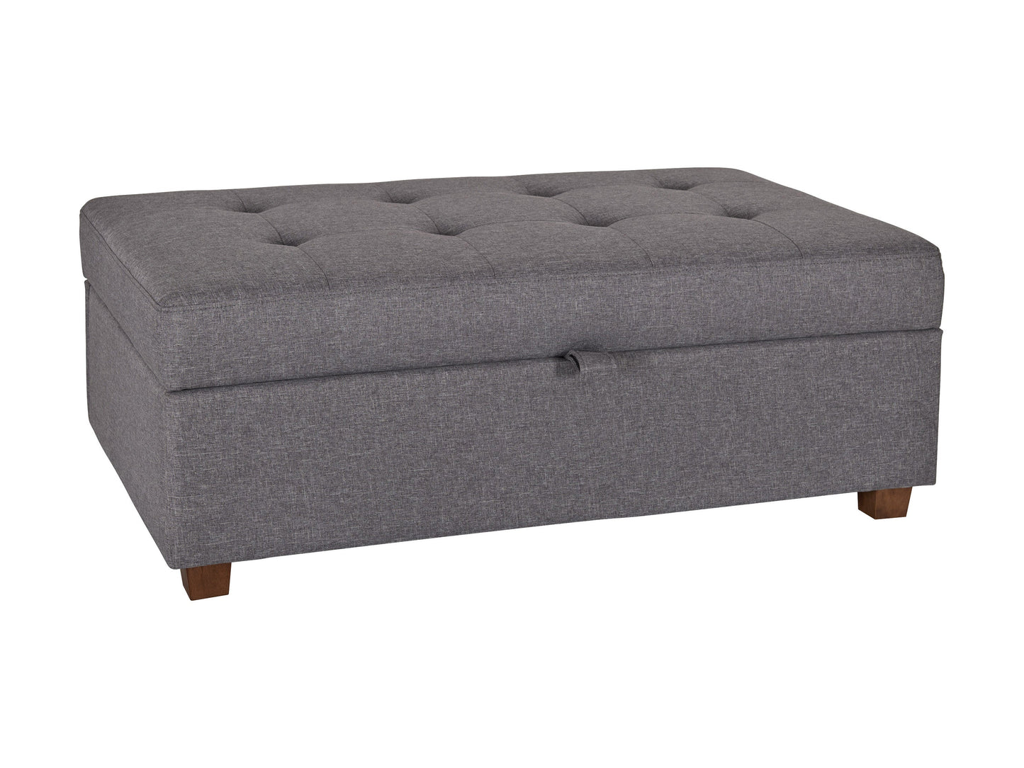 Light grey large storage ottoman with tufted top, soft fabric upholstery, and wooden legs. Ideal for living rooms or bedrooms, providing extra seating and hidden storage space.