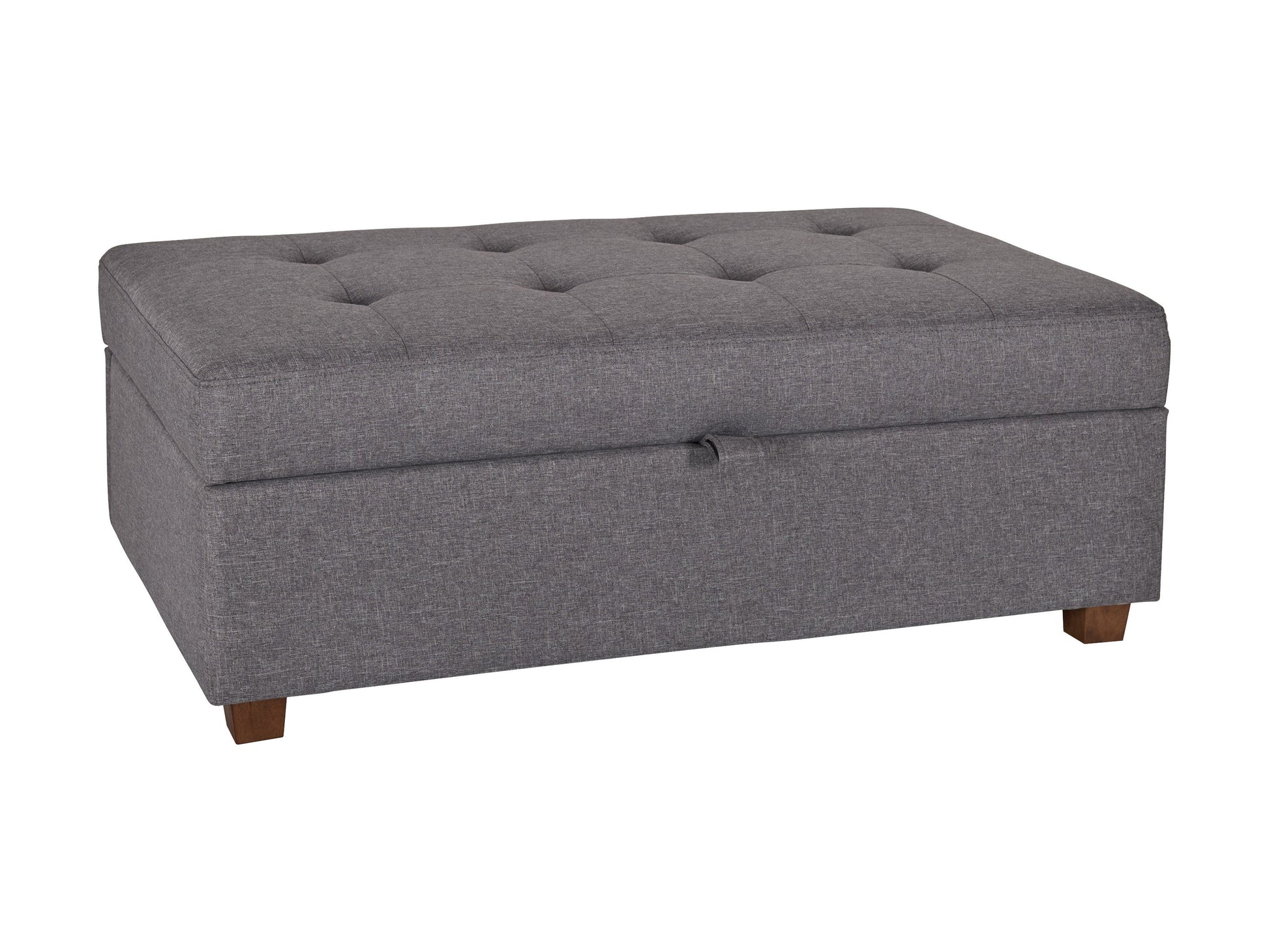 Light grey large storage ottoman with tufted top, soft fabric upholstery, and wooden legs. Ideal for living rooms or bedrooms, providing extra seating and hidden storage space.