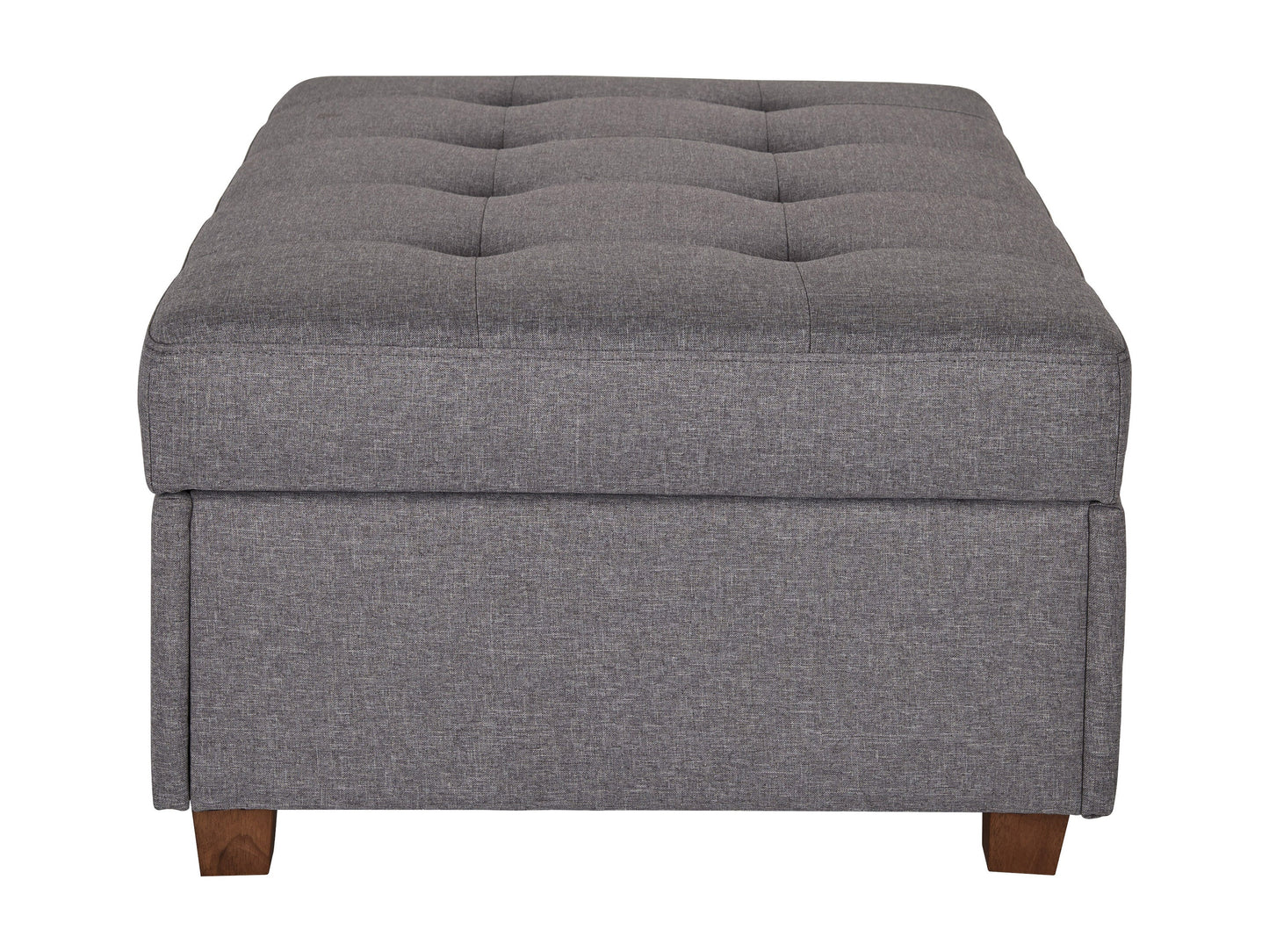 Light grey large storage ottoman with tufted top, soft fabric upholstery, and wooden legs. Ideal for living rooms or bedrooms, providing extra seating and hidden storage space.