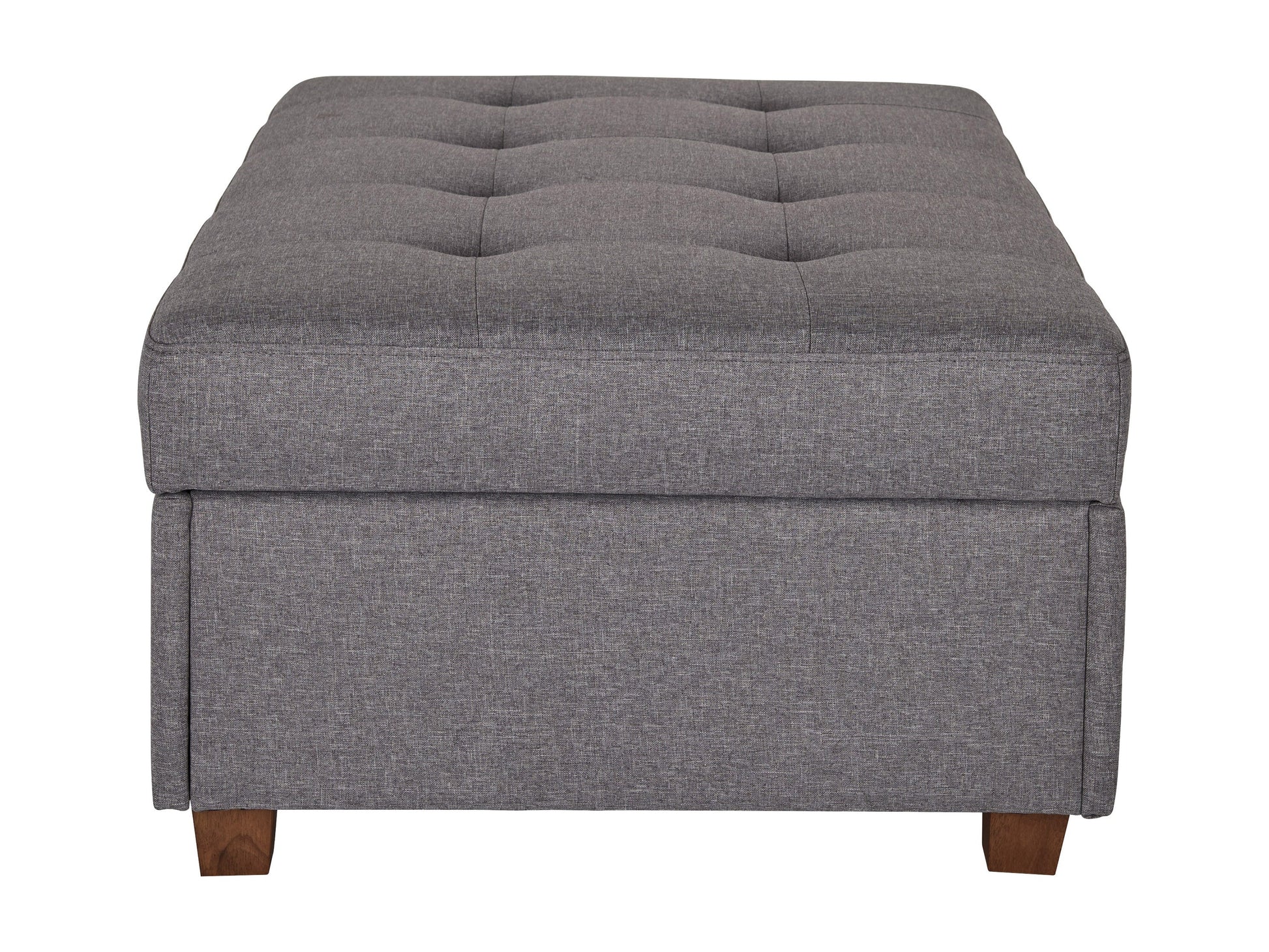 Light grey large storage ottoman with tufted top, soft fabric upholstery, and wooden legs. Ideal for living rooms or bedrooms, providing extra seating and hidden storage space.