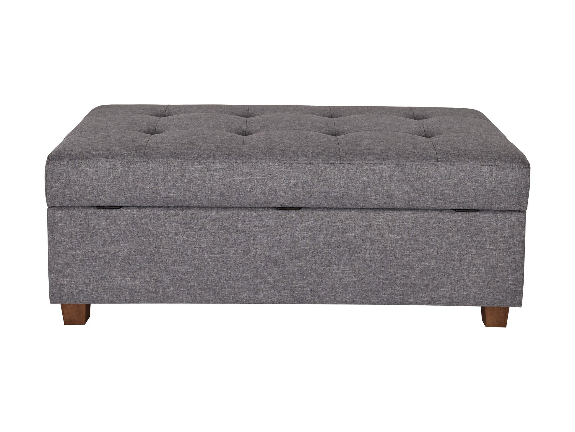 Light grey large storage ottoman with tufted top, soft fabric upholstery, and wooden legs. Ideal for living rooms or bedrooms, providing extra seating and hidden storage space.