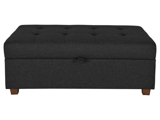 Dark grey large storage ottoman with tufted top, soft fabric upholstery, and spacious interior storage compartment. Ideal for living room, bedroom, or entryway as a stylish and functional furniture piece.