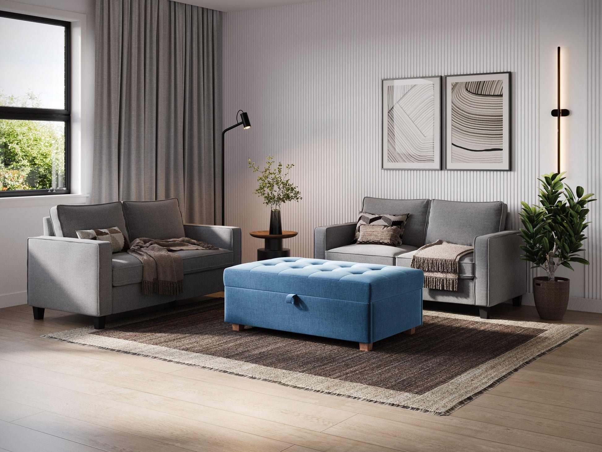 Blue large storage ottoman with tufted top, upholstered in soft fabric, featuring spacious interior storage and sturdy wooden legs, perfect for living room or bedroom organization and seating.