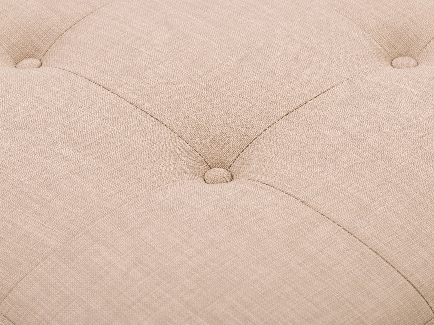 Beige tufted storage ottoman with wooden legs, featuring a soft fabric texture and button-tufted design, perfect for living room or bedroom decor.
