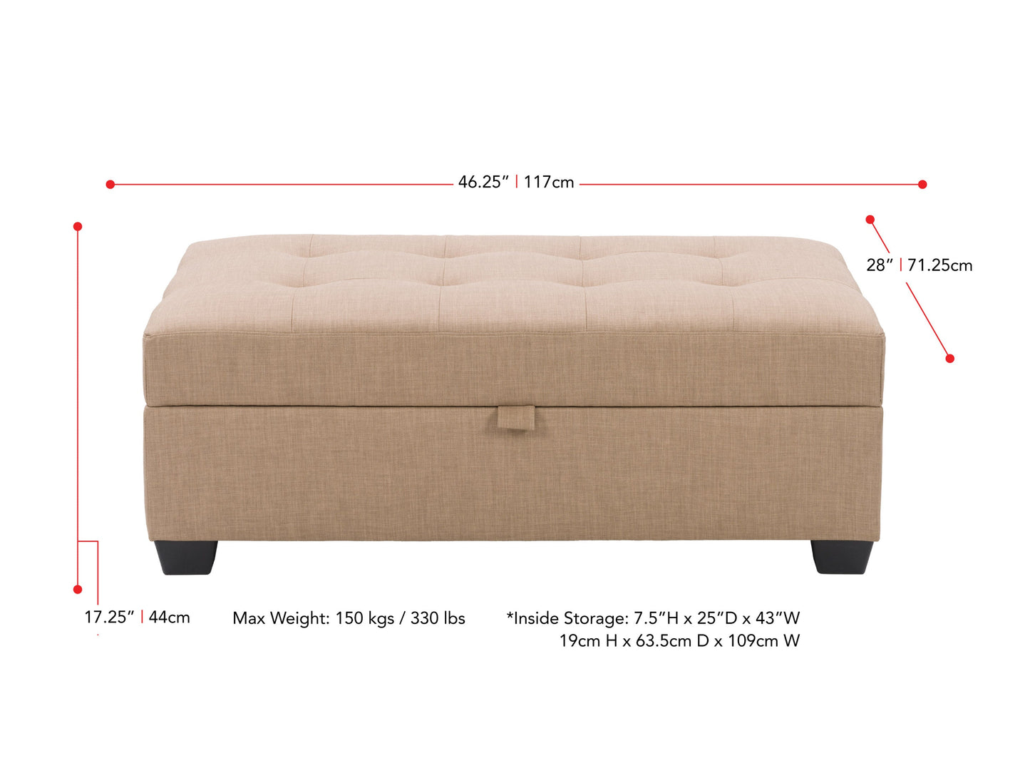 Tufted storage ottoman with dark brown leather upholstery, button-tufted top, and wooden legs. Features a spacious interior for storage and elegant design ideal for living rooms or bedrooms.