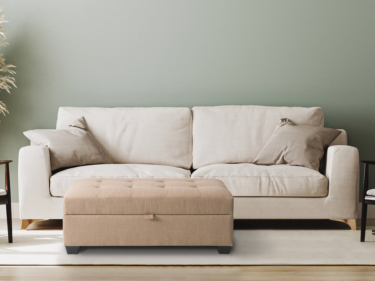 Tufted grey fabric storage ottoman with wooden legs, button-tufted top, and spacious interior storage. Ideal for living room or bedroom decor, offering both style and functionality.