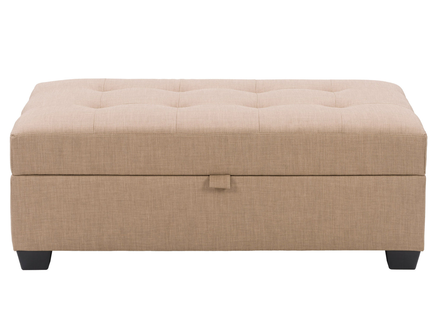 Tufted storage ottoman with beige fabric, button-tufted top, wooden legs, and hidden storage compartment. Ideal for living rooms and bedrooms, this versatile piece combines style and functionality.